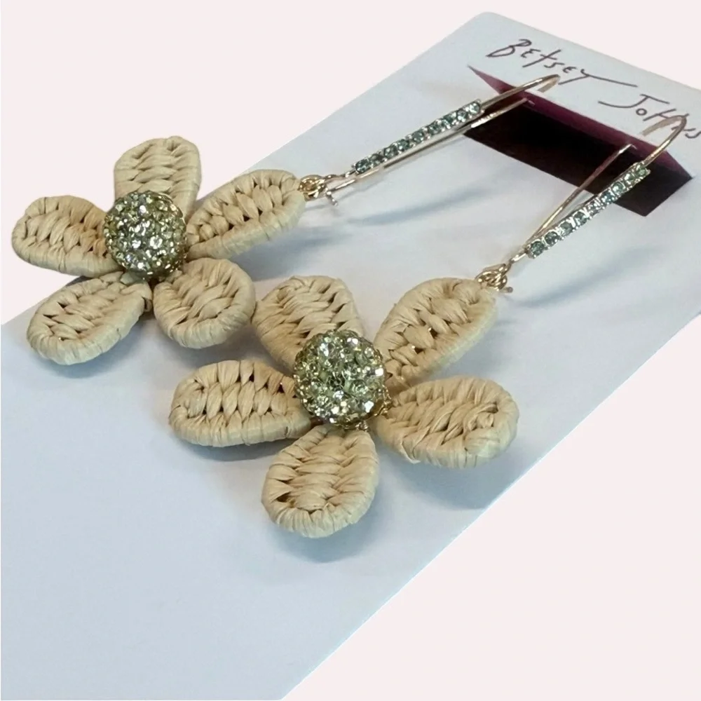 BETSEY JOHNSON SET Raffia, Pearls & Flowers 2 Pair Earrings Hippie Boho NEW NWT